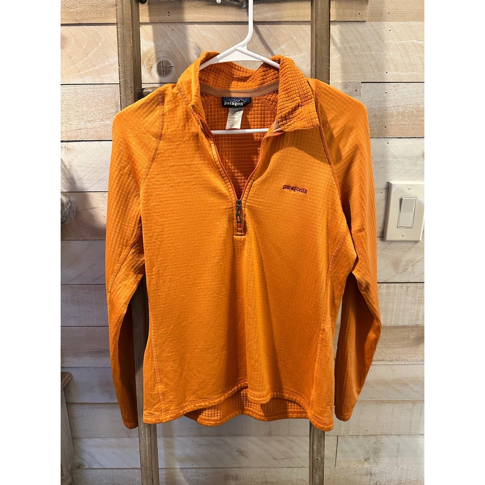 Patagonia R1 Capilene Thermal Weight 1/4 Zip Orange Grid Fleece Womens Small